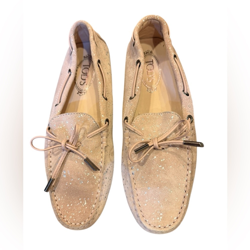 Tod's Women’s Suede Dusty Pink Metallic Gommini Driving  Loafers sz 9.5